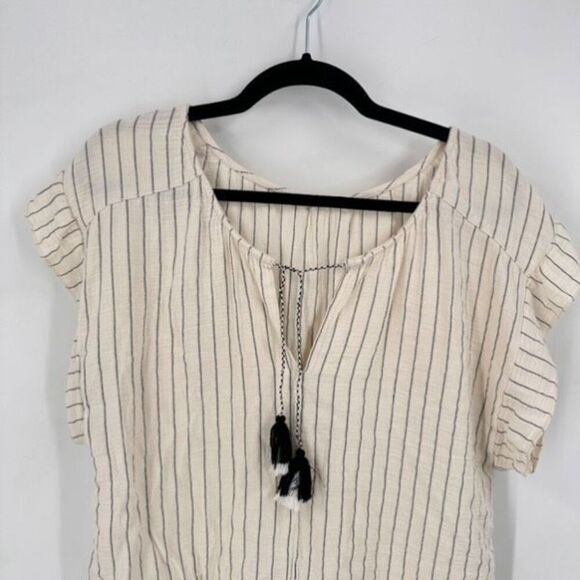 Joie‎ Striped Top Gauzy Fringe Tie Peasant Boho SS Shirt Small White Black - Picture 9 of 11